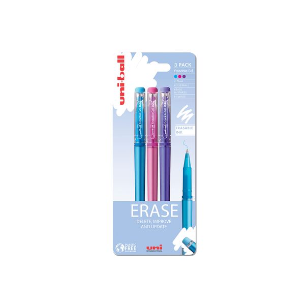 Uni-Ball UF-222-07 On Point Erasable Ballpoint Sky Blue, Pink and Violet Gel Pens. Premium 0.7mm Rollerball Tip for Smooth Handwriting. Easy-Retract Eraser for Secure and Stable Rubbing Out. Pack Of 3