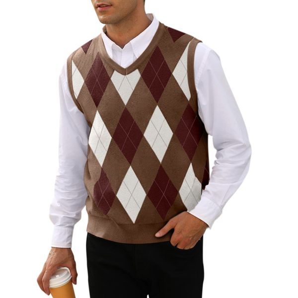 MNCEGEER Mens Argyle Knitwear Vest V Neck Sleeveless Casual Slim Fit Pullover Knitted Sweater Brown