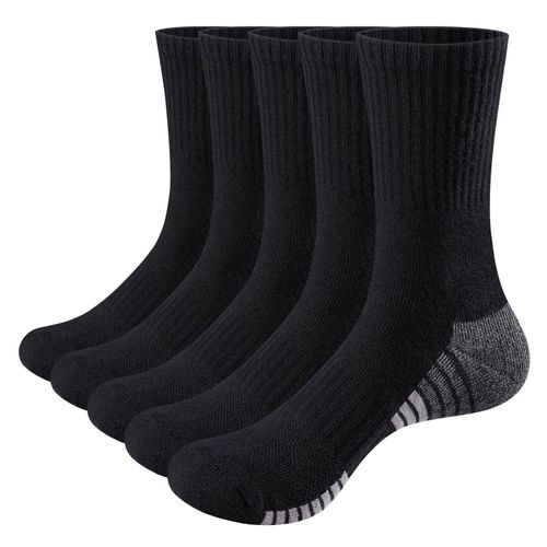YUEDGE Men's Sports Socks, Thick, Sweat Absorbent, Cotton, Cushion, Crew Training Socks, Black/White, 5 Pairs 9.1 - 11.8 inches (23 - 30 cm), Black