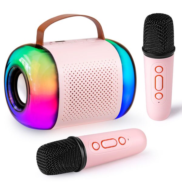 Mini Karaoke Machine for Kids Adults with 2 Wireless Microphones Portable Bluetooth Speaker Toy, Girls Christmas Birthday Gifts for 2 4 5 6 7 8+ Years Old Toddler Teens (Pink 2 Mic)