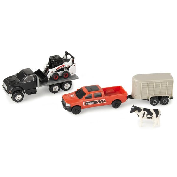 Agriculture 1/64 Bobcat 5 Piece Construction Set with Rollback, Livestock Trailer, Cow & Skid Loader 16503