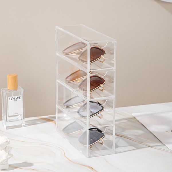 Sunglasses Organiser with 4 Drawers, Acrylic Eyeglass Organizer, Make-up Storage Drawer Tray, Jewelry Box, Transparent Visual Sunglasses Organiser Case Home Office Using