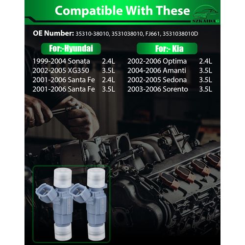 SZKAIDAG 35310-38010 for:-Hyundai for:-Kia Fuel Injectors Compatible with Santa Fe Sonata XG350 1999-2006, Sorento Optima Amanti Sedona 2002-2006 2.4L 3.5L, Replacemen OE# FJ661 3531038010D Set of 6