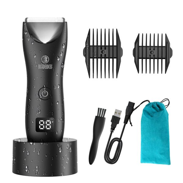 Favrison Body Hair Trimmer for Men, Electric Ball Trimmer with Skin-Safe Ceramic Blade, Waterproof Pubic Groin Hair Trimmer for Mens Grooming Kit with LCD Display & Recharge Dock (Black)