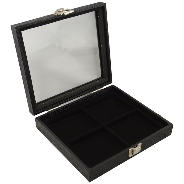 boxdisplays Display Case with Glass Lid & Clasp +Black 4 Compartment Insert