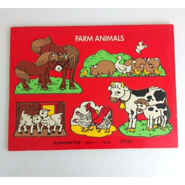 Vintage American Toy Farm Animals 5 Piece Wooden Puzzle #29143