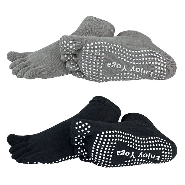 FOX-TECH Yoga Socken für Damen, 2 Parre rutschfeste Stoppersocken ABS Socken für Yoga, Pilates,Krankenhaus,Rutschfeste Slipper,StopperSocken für Zuhause,Workout,Sport, 35-39 (Schwarz+Grau)