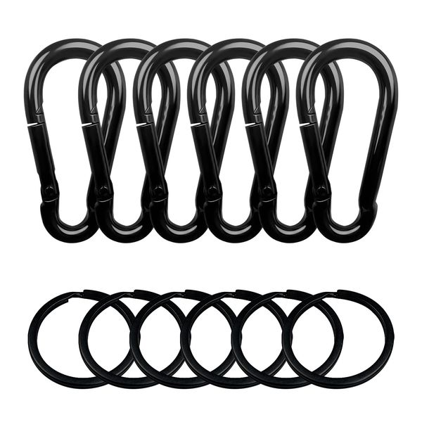 6 Pieces Of Carabiners, 6 Pieces Of Key Rings, Locking Carabiners, D-Ring Carabiners, Aluminum Alloy Carabiners, Key Chain Clip Hooks, Suitable For Camping, Mountain Climbing, Traveling (Black)