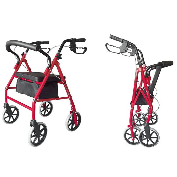 Steel Walker with Wheels Black, Folding Four Wheel Rollator, Lightweight Folding Mobility Aids, with Seat & Carry Bag, Mobility Walker Rollator 4 Wheel, for Elderly Disabled (Red)