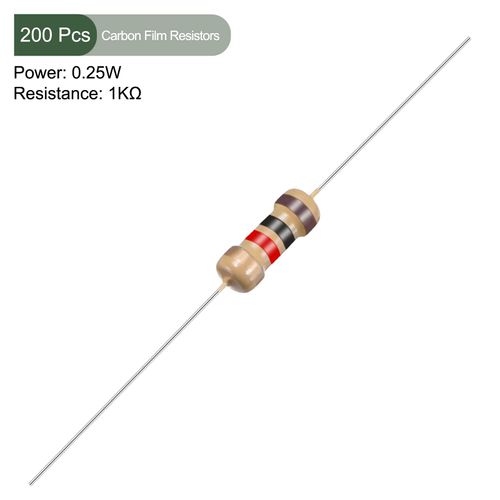 YOKIVE 200pcs Carbon Film Resistors 1/4W 1K Ohm 5% Tolerance Resistors for DIY Electronic Projects 4 Color Bands 45x2.2mm