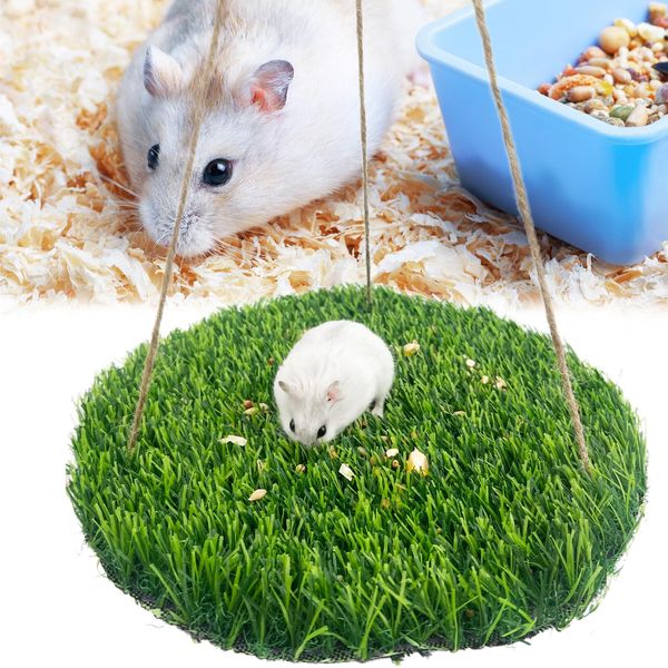 FlidRunest Hamster Foraging Grass Mat Puzzle Hammock Swing, Small Pet Simulation Grass Slow Feeder Mats, Washable Hanging Enrichment Activity Mat for Bunny Hamster Guinea Pigs Hedgehog