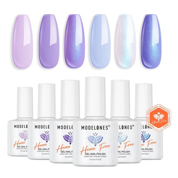 Modelones Smalto Semipermanente Unghie Viola, Blu, Perla Bianco, Glitter 6 Colori Hema-free Gel Smalto UV per Unghie Nail Art French Gel Nail Polish Smalto Gel Professionali Kit