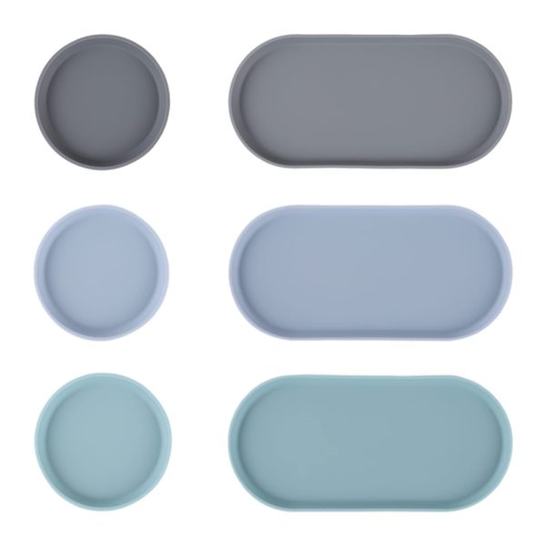 BLUE GINKGO Mini Silicone Trays - Set of 6 Multipurpose Kitchen Accessories, Bathroom Vanity Organizer, Decorative Tray, Desk Organizer, Makeup Organizers - (3 Round & 3 Oval) - Blue, Mint, Grey