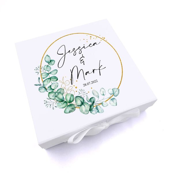 ukgiftstoreonline Personalised Wedding Keepsake Box Gift With Wreath and Eucalyptus (Medium)