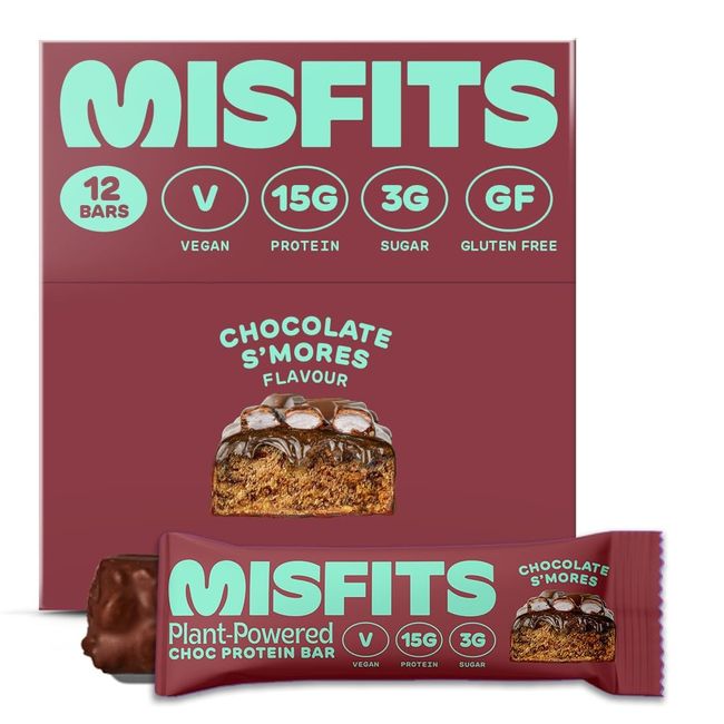 Misfits Vegan Protein Bar, High Protein, Low Sugar, Gluten Free, Plant Based Protein Bar, 12 Pack (Smores)