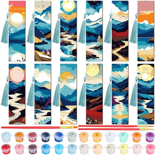 Kosiz 12 Pcs Mountain Paint by Numbers Kit for Adults Wood Bookmarks Painting Decor Mini Paint by Numbers Kits Tassels Blank Bookmarks Ornament for Small DIY Book Lovers Birthday Craft Gift 7x2 ''