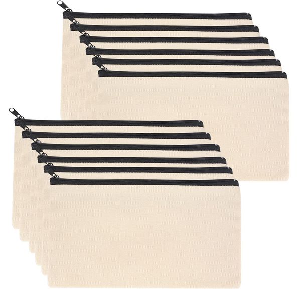 12 Pcs Canvas Makeup Bags, Canvas Pencil Pouch Bags with Zipper, Blank DIY Craft Make Up Cosmetic Pouches Bags Cases for Travel Craft School Toiletry Bags Pouches