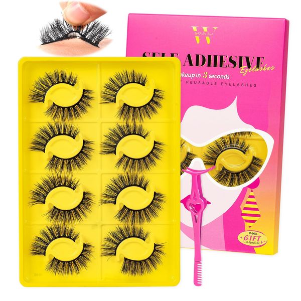 Self Adhesive Eyelashes Lash Clusters 8 Pairs Reusable Adhesive Eyelashes,No Glue Needed,No Sticky Residue Lashes with Tweezers for Diy Lashes Extension at Home by WLFRHD(Gift,D-Mix8-16mm Kit)