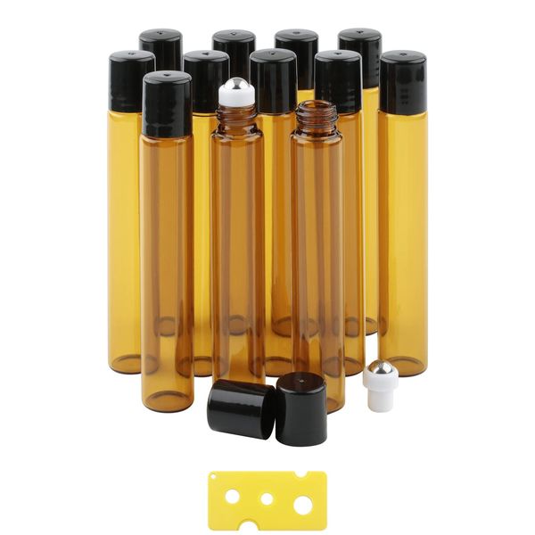 Pxyelec 10 ml Amber Glass Roller Bottle for Essential Oils, 12 Pack Empty Screw Cap Bottles with Stainless Steel Roller Balls, with 1 Bottle Opener