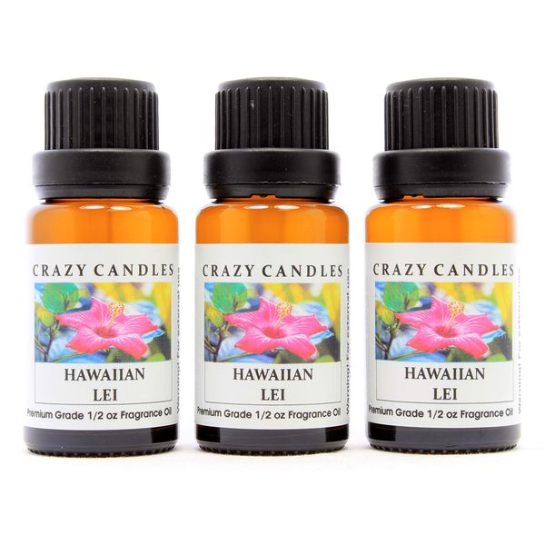 Crazy Candles Hawaiian Lei (Made in USA) 3 Bottles 1/2 Fl Oz Each (15ml) Premium Grade Scented Fragrance Oil (Flowers, Including Frangipani, White Ginger, Plumeria Aroma)