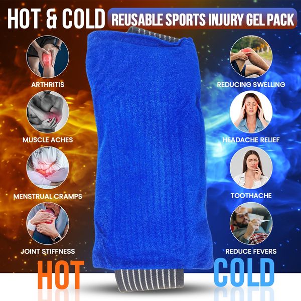 Generise 'Compress and Wrap' Hot and Cold Reusable Sports Injury Gel Pack with Pouch and Strap (Gel Pack: 25.5cm x 12-14cm, Pouch: 26cm x 15cm, Elasticated Strap: 66cm)