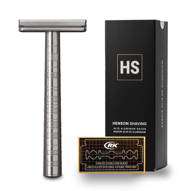 HENSON SHAVING AL13 Shaver MEDIUM (AIRCRAFT ALUMINUM) with 5 Replacement Blades for Deep Shave Model, Highly Durable and Recommended for Those Who Want to Shave Deep