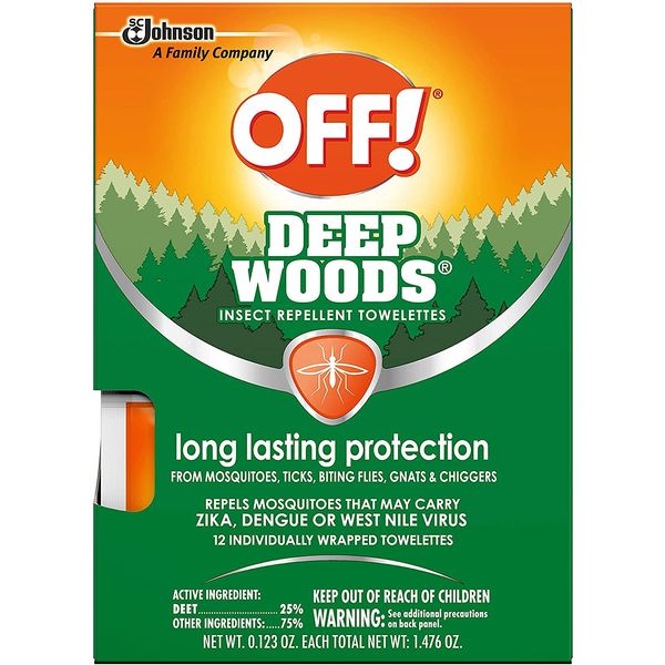 OFF! Deep Woods Mosquito and Insect Repellent Wipes, Long lasting, 12 Individually Wrapped Wipes