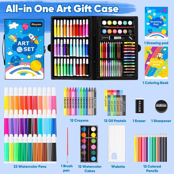 iBayam Art Supplies, 149-Pack Drawing Kit Painting Art Set Art Kits Gifts Box, Arts and Crafts for Kids Girls Boys, with Coloring Book, Crayons, Pastels, Pencils, Watercolor Pens & Cakes