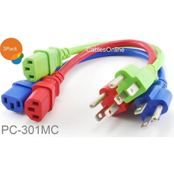 3-Pack 1ft Short 3-Conductor AC Power Cable Three Colors , Blue, Green, Red