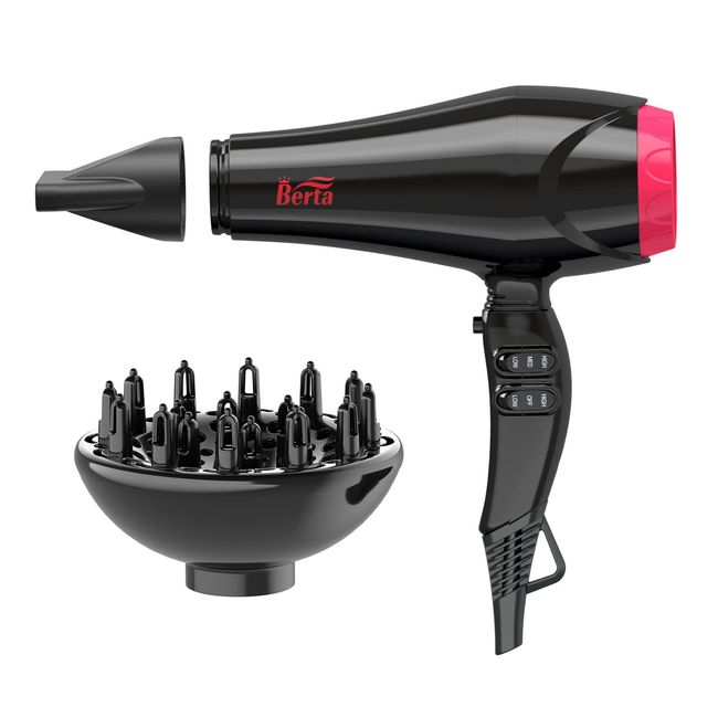 BERTA 1875W Professional Salon Hair Dryer Negative Ionic Blow Dryer, 2 Speed 3 Heat Settings Cool Button with AC Motor, Concentrator and Diffuser, Black