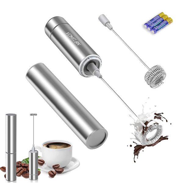 Milk Frother Handheld, Battery Operated Travel Coffee Frother Milk Foamer Drink Mixer with 2 Stainless Steel Whisks for Hot Chocolate, Batteries Included, Silver