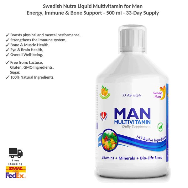 Swedish Nutra Liquid Multivitamin for Men - Energy, Immune & Bone Support 500ml