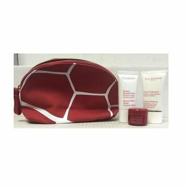 Clarins 3 piece set- .5 beauty flash balm+ gentle refiner+ perfecting touch+ bag