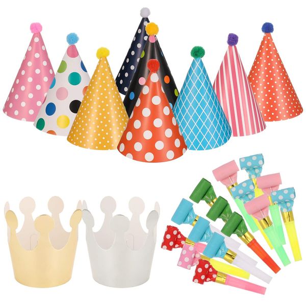 Opopark 11pcs Birthday Party Cone Hats with Pom Poms (9 Hats and 2 Crowns), 15 Pcs Party Blowouts, Mini Paper Party Hat and Blowouts Set for Boys Gilrs Childrens Party Decoration