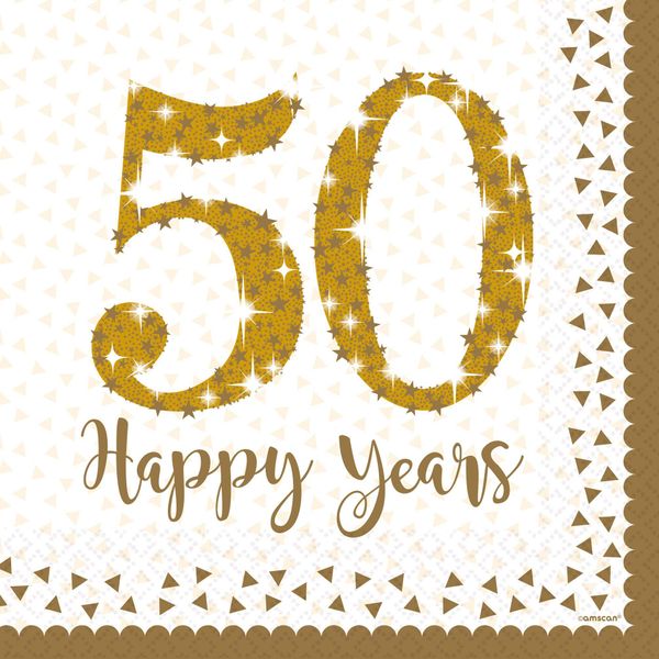 (PKT) Adult 16 Pack Sparkling Golden 50th Anniversary Luncheon Napkins 33cm