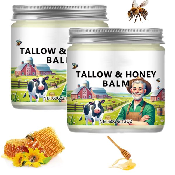 Tallow & Honey Balm, Tallow Face Moisturizer, Beef Tallow for Skin, Handmade All-Natural Moisturizer with Grass-Fed Beef Tallow & Raw Wild Honey for Smooth, Hydrated Skin, Natural Formula (2PCS)