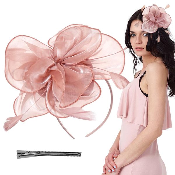 Ladies Fascinator Wedding Hat, Feather Mesh Veil Wedding Bridal Shower Flower Headband Party Hat AscotHair Fascinators for Tea Party,Weddings, Races, Royal Ascot, Hair Piece(Peach Pink)