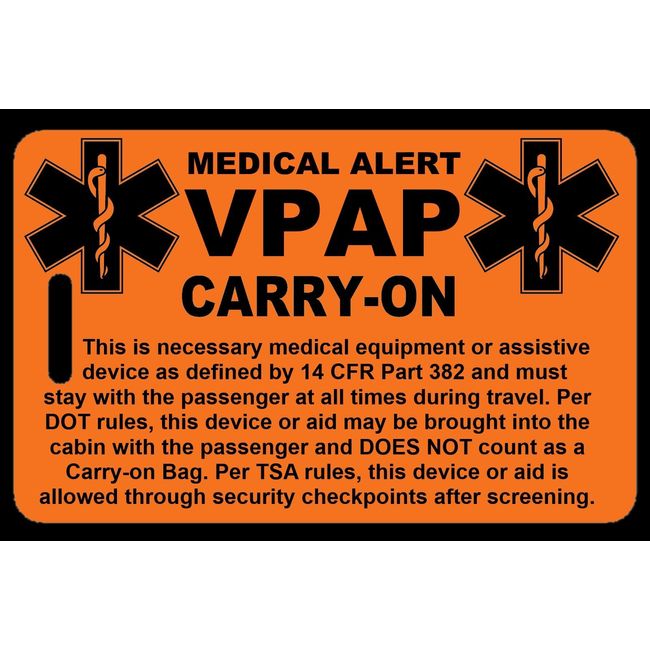 Safety Orange Carry-On VPAP  Bag Tag - TSA - Sleep Apnea