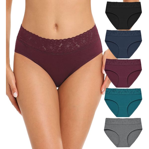 RHYFF Womens Underwear Cotton Hipster Panties Lace Soft Bikini Panty Ladies Stretch Full Briefs 5 Pack S-XL(R6004XXL-Dark)