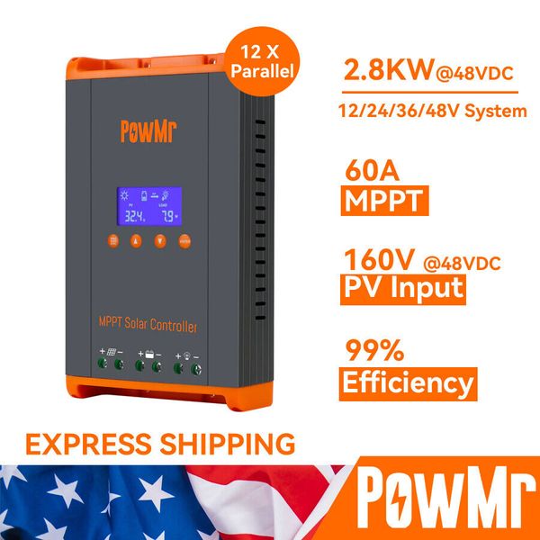 60A MPPT Solar Charge Controller 12V 24V 36V 48V Battery 160VDC Parallel 12 Unit