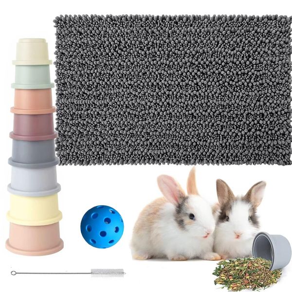 IMVNIKA Rabbit Enrichment Toys Set, 8 Pcs Stacking Cups for Rabbits,16"x 24"Snuffle Mat for Bunny, Guinea Pig Foraging Mat, Treatsball for Chinchilla Cage Accessories Supplies,Grey