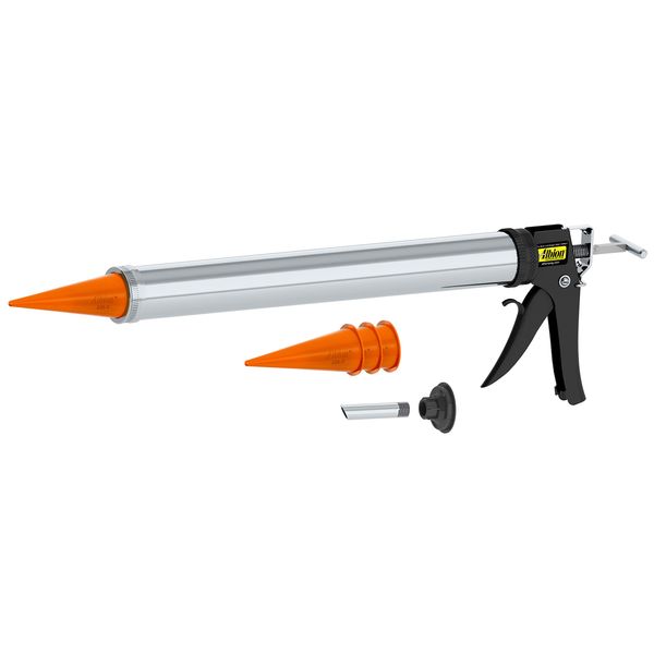 Albion Engineering Company DL-59-T17 Professional Line Special Deluxe Manual Bulk Caulking Gun with Metal Nozzle, Metal Adapter & 3 Orange Cone Nozzles, 30 oz