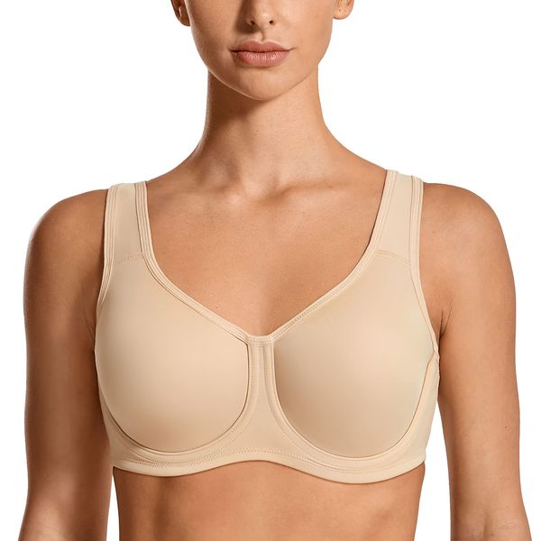 SYROKAN Women's Max Control Underwire Sports Bra High Impact Plus Size with Adjustable Straps Beige 34DD