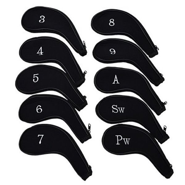 Iron Cover Set of 10 Cushion Material Zipper Type Embroidered Golf Club Iron Head Cover , black