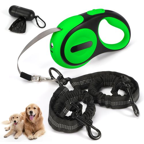 Double Retractable Dog Leash for 2 Large Dogs (Up to 143 Lbs Each), 2 Headed Pet Leash with Poop Bags and Rechargeable LED Light - Tangle-Free Swivel - One Button Break & Lock (Green, Large)