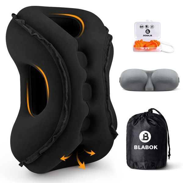 Inflatable Travel Pillow,Multifunction Travel Neck Pillow for Airplane to Avoid Neck and Shoulder Pain,Support Head,Neck,Used for Sleeping Rest, Airplane and Home Use,with Eye Mask, Earplugs, Black