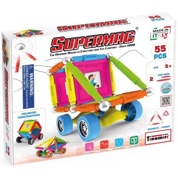 Tinamiri SUPERMAG - Wheels 55 | Educational Construction Fun | 55 Piece Set | Europe-Made | STEM | Toy Magnetic Building Sets | Magnet Toys | Supermag 0661