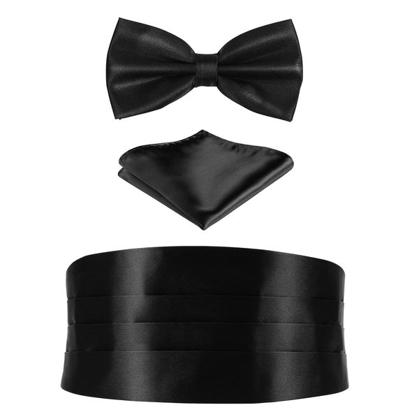 BESPORTBLE Satin Bow Tie for Men Black, 3pcs Bow Tie and Pocket Square Set Black Cummerbund for Men Cumberbund Black Bow Tie Mens Black Cummerbund Accessories Pocket