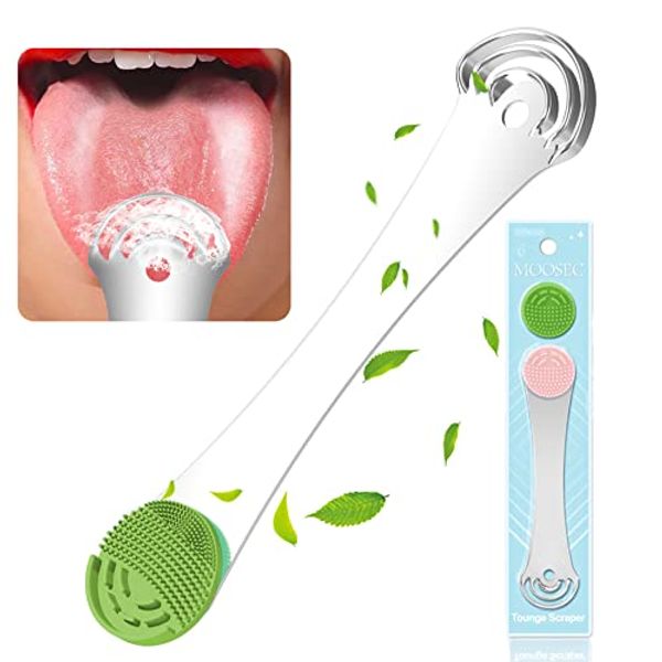 Moosec Tongue Scraper Cleaner, Get Rid of White Tongue, 100% BPA Free - 1 Set Comes 2 Silicone Tongue Brushes Heads