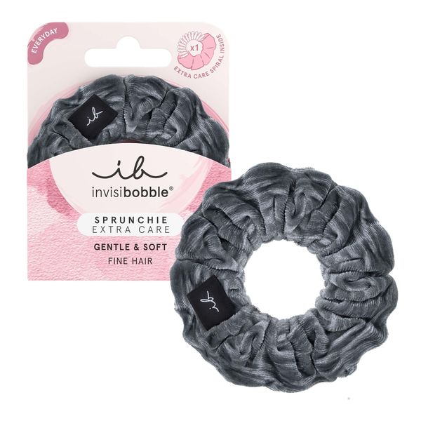 invisibobble Haargummi Extra Care Grau Scrunchie Soft as Silk, Haargummis starker Halt für Mädchen & Damen, Scrunchies Samt Grau, designed im Herzen Münchens, 1 stück (1er Pack)